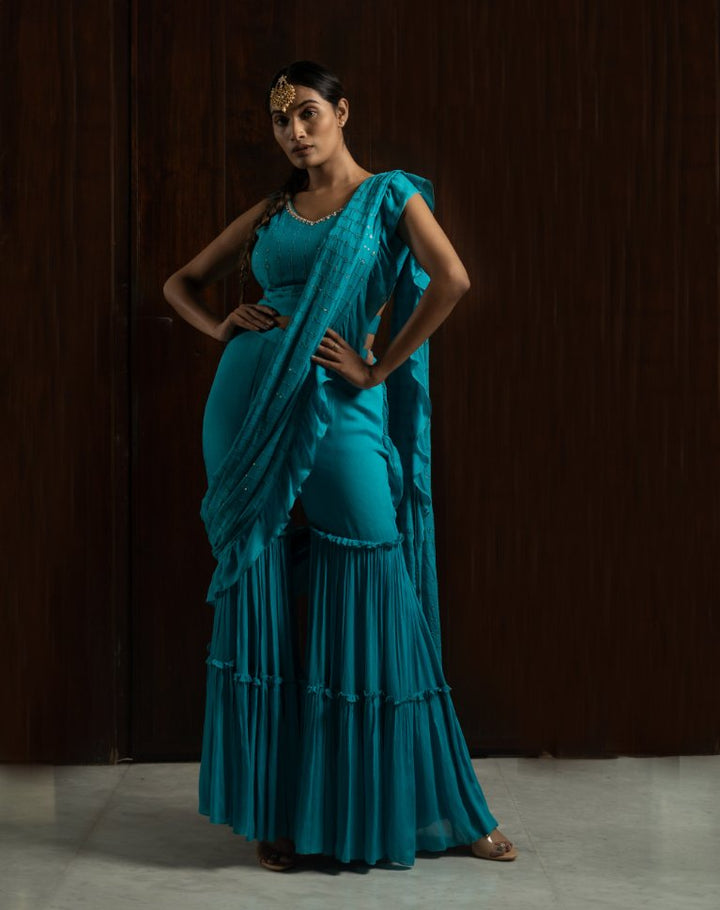 Two Sister's Cerulean Blue Georgette Pre Drapped Saree - Buy