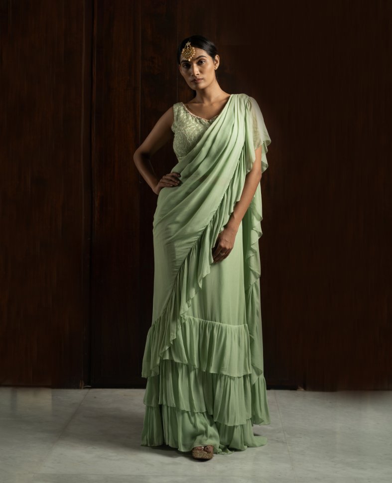 Two Sister's Pista Green Georgette Layered Skirt Saree  - Buy