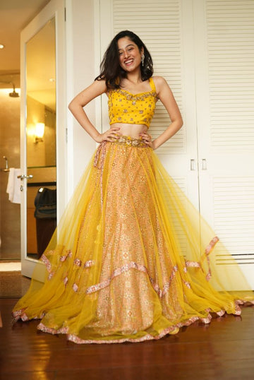 Designer Divya Kanakia's Yellow Embroidered Crop top-Skirt with patola print  - Rent