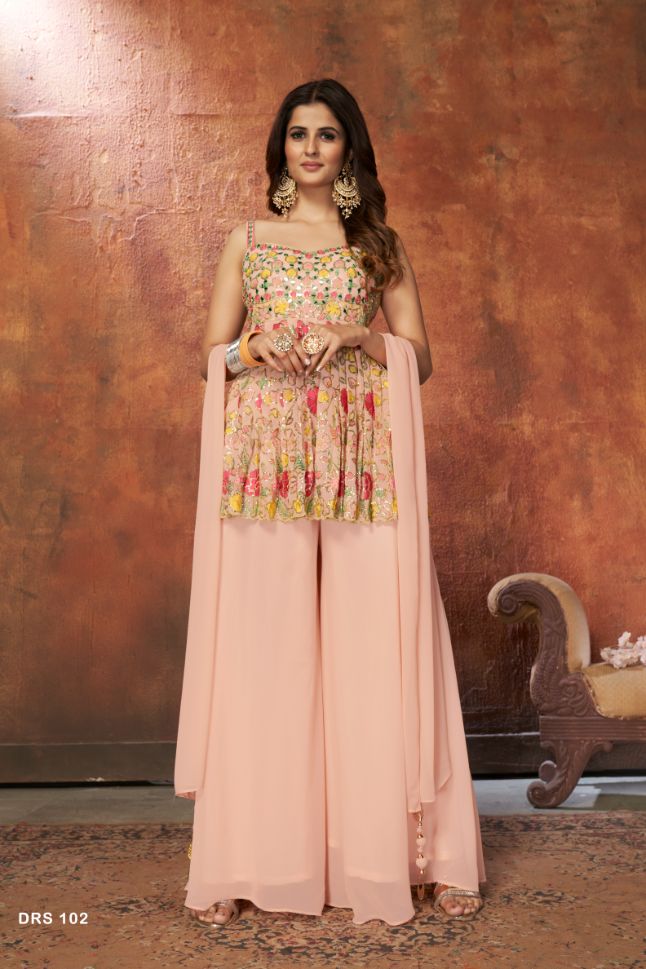 Designer Light Pink Dress With Multi Color Thread Embroidery - Rent