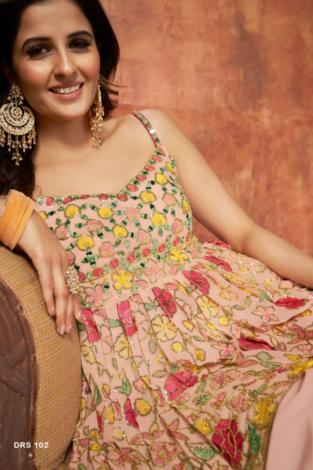 Designer Light Pink Dress With Multi Color Thread Embroidery - Rent