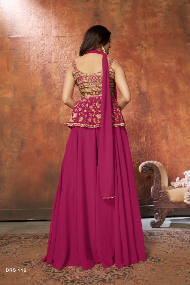 Designer Dark Pink Dress With Golden Thread Embroidery - Rent
