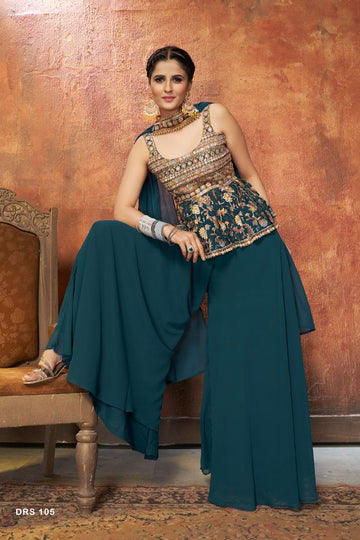 Dark Blue Georgette Embroidered Palazzo Suit - Rent