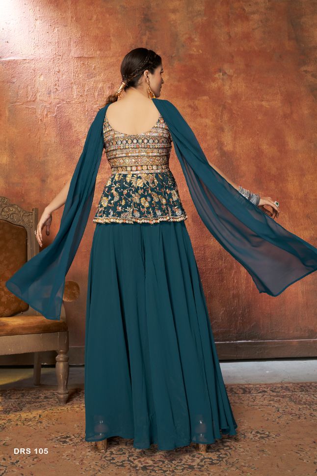 Dark Blue Georgette Embroidered Palazzo Suit - Rent