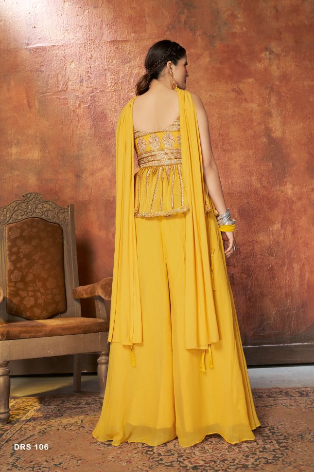 Yellow Color Georgette Embroidered Palazzo Suit - Rent