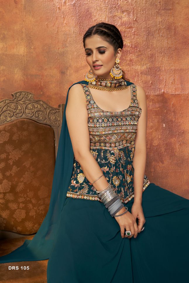 Dark Blue Georgette Embroidered Palazzo Suit - Rent