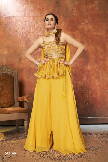 Yellow Color Georgette Embroidered Palazzo Suit - Rent