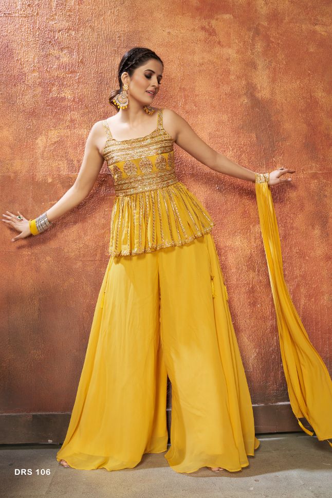 Yellow Color Georgette Embroidered Palazzo Suit - Rent