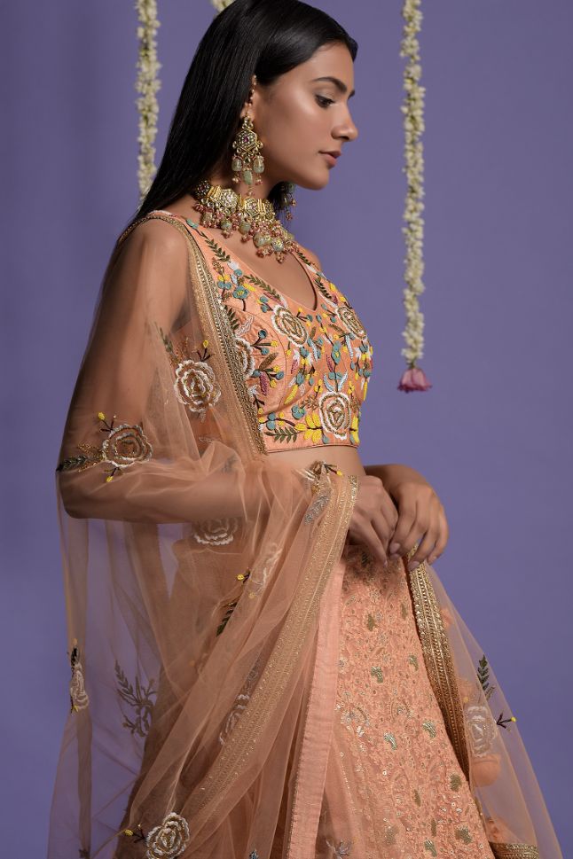 Two Sister's Dusky Peach Embroidered Lehenga With Crop Top - Buy