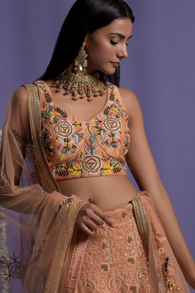 Two Sister's Dusky Peach Embroidered Lehenga With Crop Top - Buy