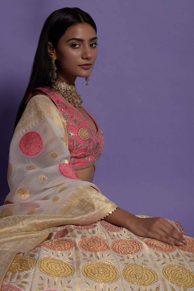 Two Sister's Zari & Sequins Embroidered Beige Lehenga With Crop Top - Buy
