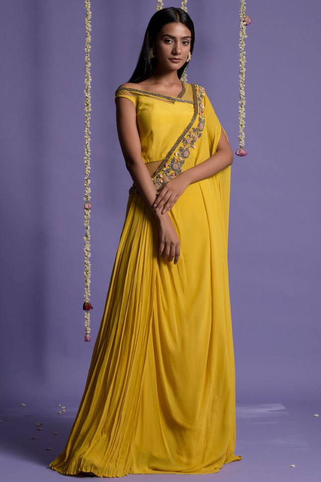 Two Sister's Yellow One Side Embroidered Draped Saree - Buy