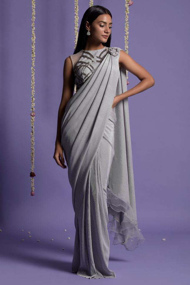 Two Sister's Silver Grey Lycra Drape Saree With Halter Neck Blouse - Buy