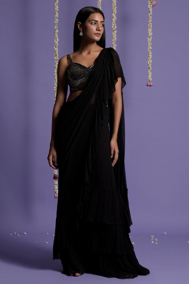 Two Sister's Black Ruffle Saree With Sequin Shimmer Blouse - Rent