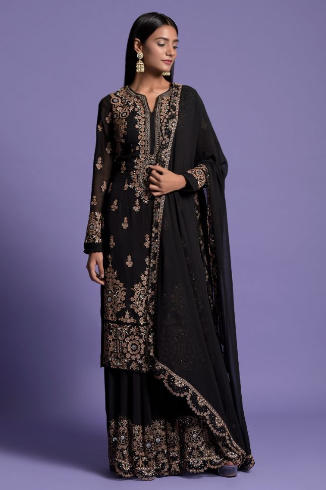Two Sister's Black Heavy Embroidered Kurta With Sharara - Buy