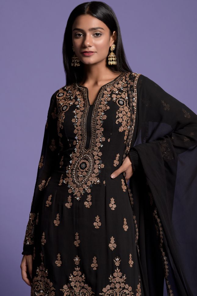 Two Sister's Black Heavy Embroidered Kurta With Sharara - Buy