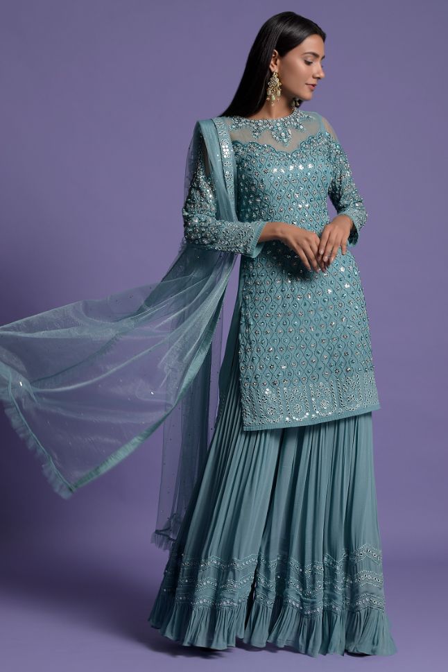 Two Sister's Metallic Blue Sequins Embroidered Sharara Set - Buy