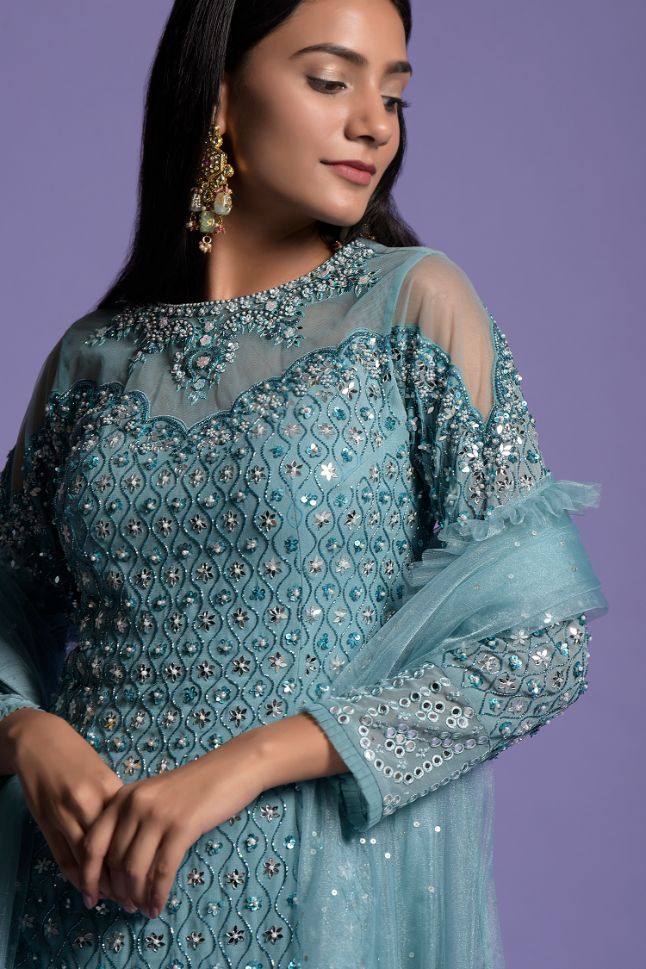 Two Sister's Metallic Blue Sequins Embroidered Sharara Set - Buy