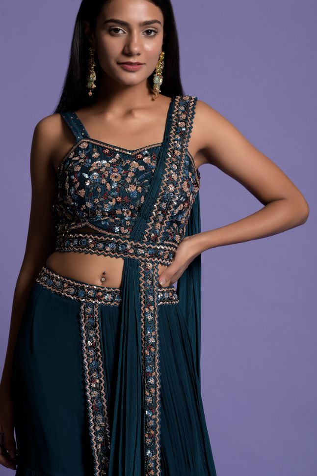 Two Sister's Blue Color Sharara Set With Embroidered Crop Top - Buy