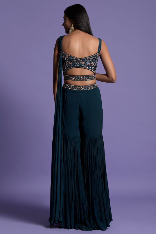 Two Sister's Blue Color Sharara Set With Embroidered Crop Top - Buy