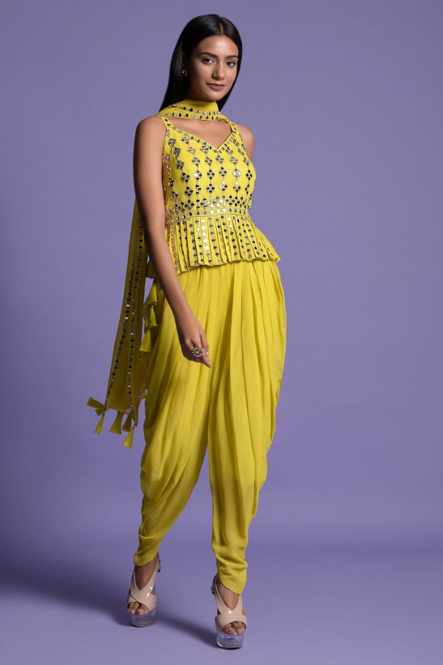 Two Sister's Yellow Georgette Embroidered Top With Dhoti - Rent