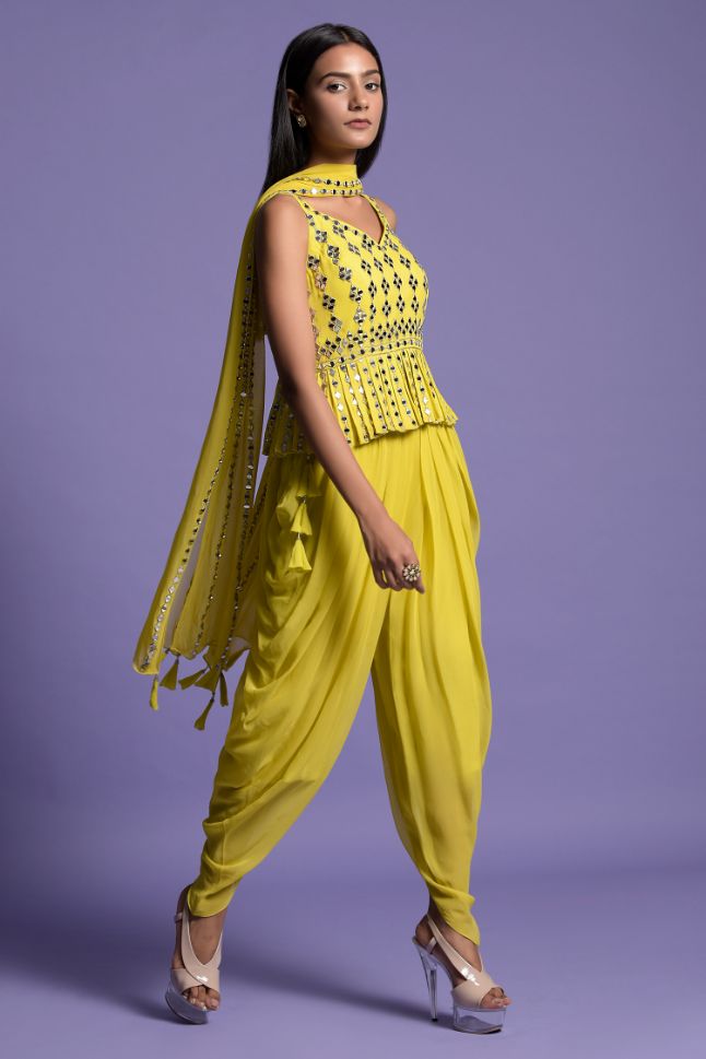 Two Sister's Yellow Georgette Embroidered Top With Dhoti - Rent