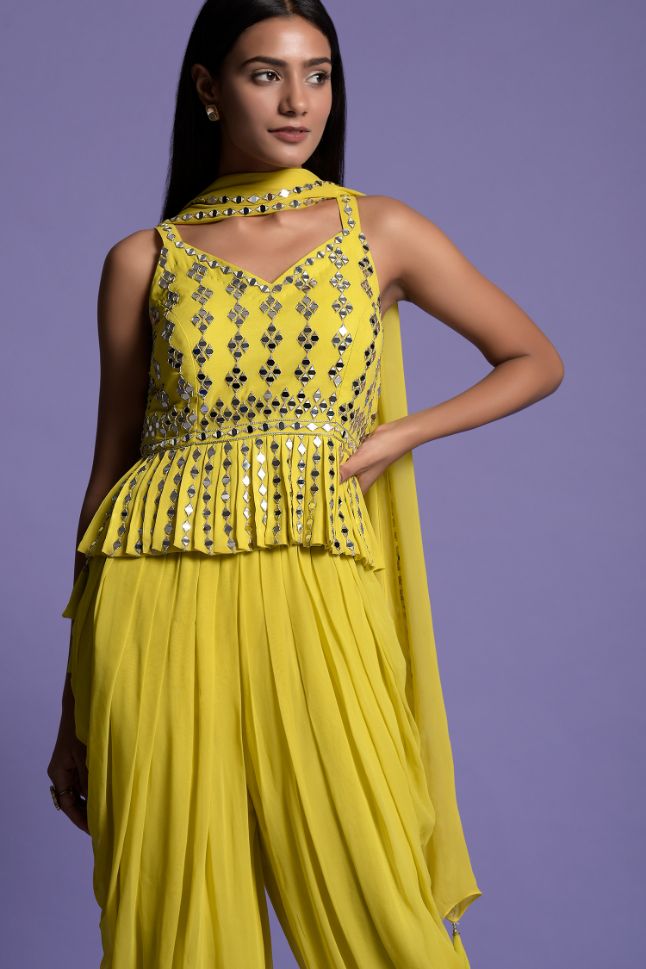 Two Sister's Yellow Georgette Embroidered Top With Dhoti - Rent