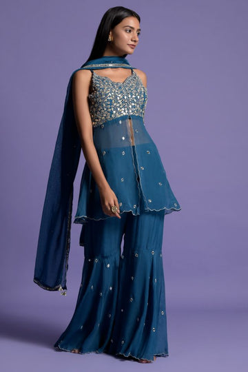 Two Sister's Teal Blue Embroidered Front Open Top With Sharara - Rent