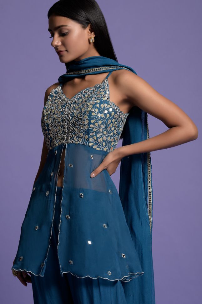 Two Sister's Teal Blue Embroidered Front Open Top With Sharara - Rent