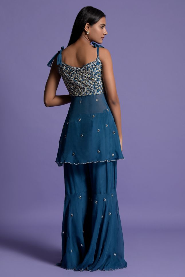 Two Sister's Teal Blue Embroidered Front Open Top With Sharara - Rent