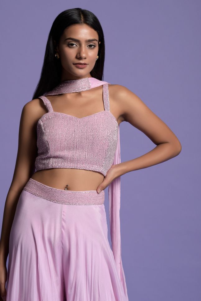 Two Sister's Light Pink Sharara With Sequin Embroidered Crop Top - Rent