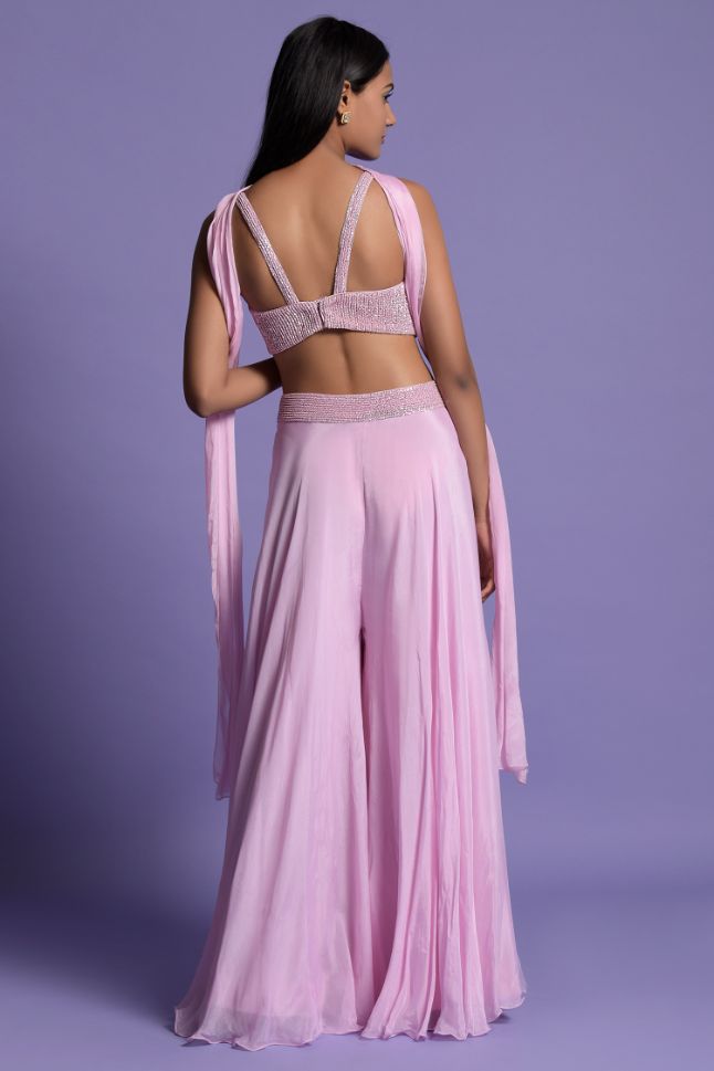 Two Sister's Light Pink Sharara With Sequin Embroidered Crop Top - Rent