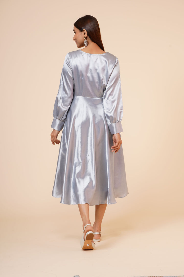 Miracolos By Ruchi's Elegant Cuff Satin Wrap Dress  - Rent