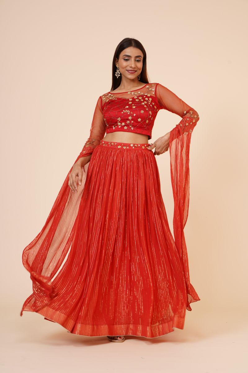 Miracolos By Ruchi's Red Hand Embellished Sequins Ethnic Lehenga Set  - Rent