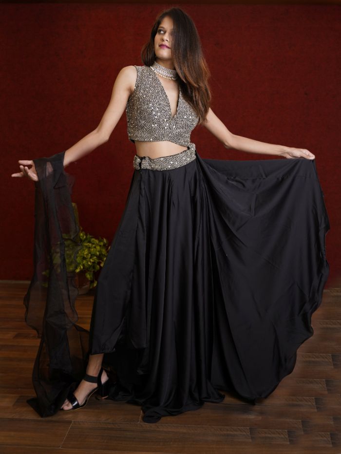 Elegant sequins Satin black Lehenga - Rent