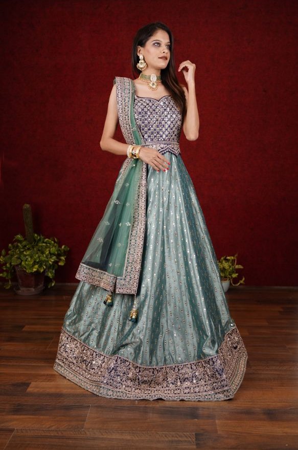 Classy Green colored Anarkali Set with Blue enhancement - Rent