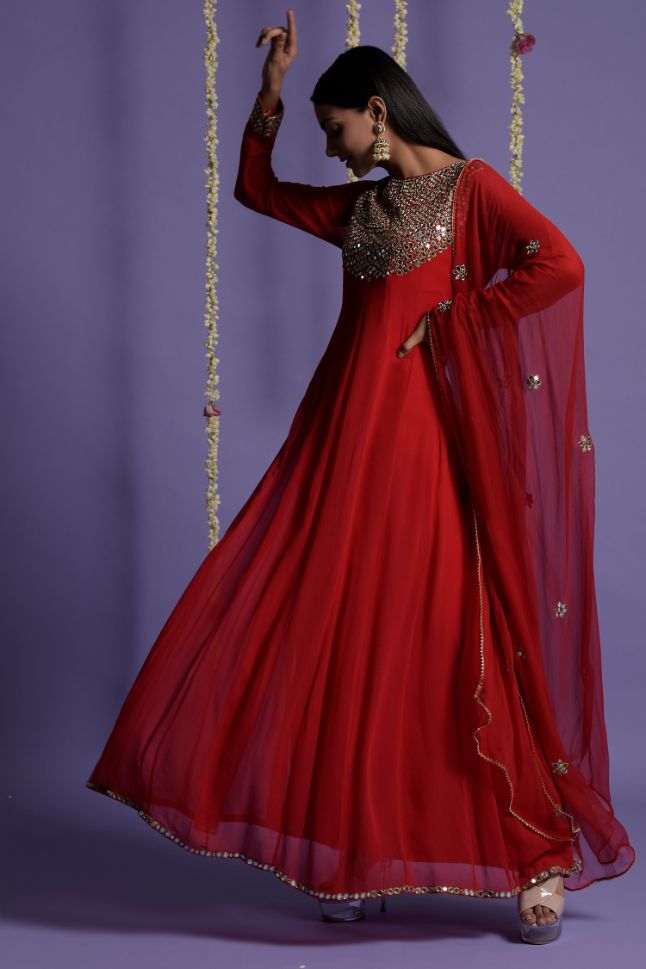 Two Sister's Red Color Zari And Mirror Embroidered Anarkali - Rent