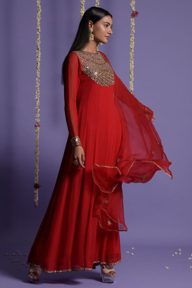 Two Sister's Red Color Zari And Mirror Embroidered Anarkali - Rent