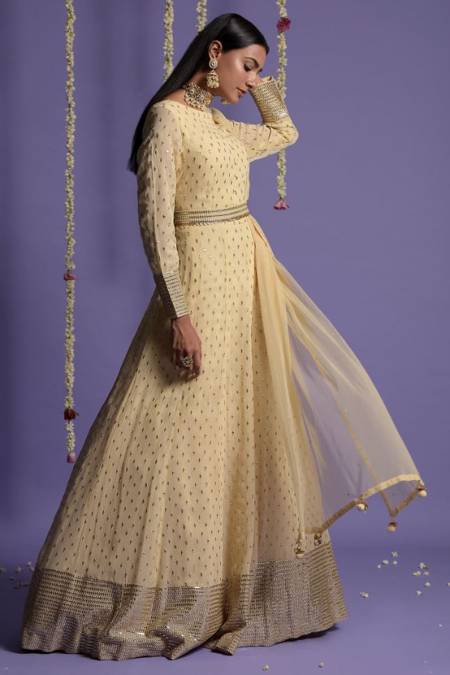 Two Sister's Ivory Full Length Sequin Embroidered Anarkali - Rent