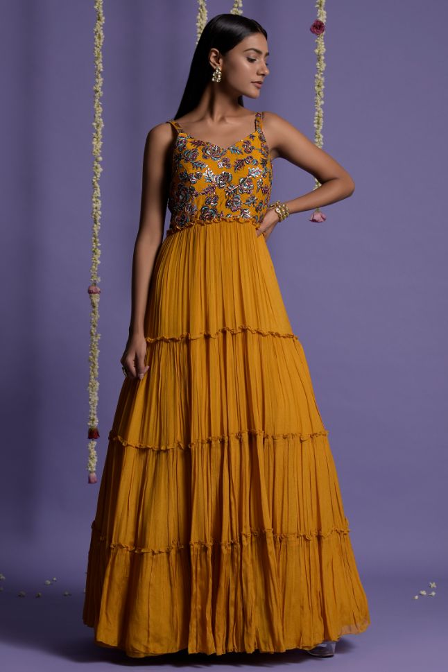 Two Sister's Mustard Yellow Embroidered Full Length Gown - Buy