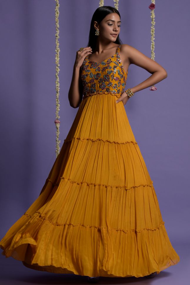 Two Sister's Mustard Yellow Embroidered Full Length Gown - Buy
