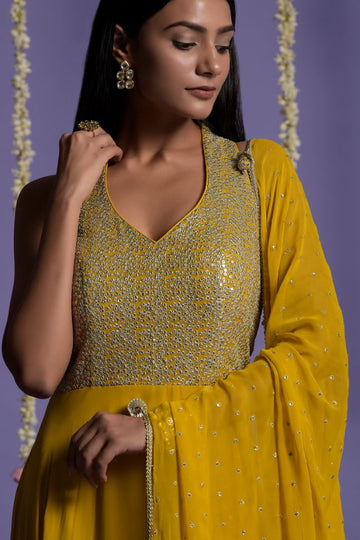 Two Sister's Silver Sequin Yellow Color Anarkali Gown - Rent