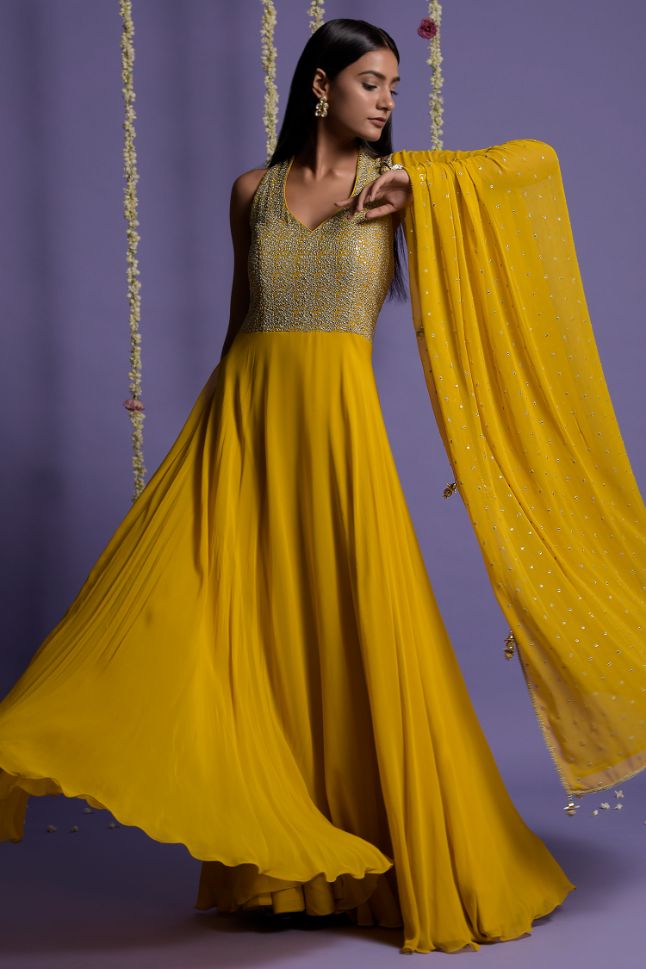 Graceful Yellow Georgette Readymade Gown