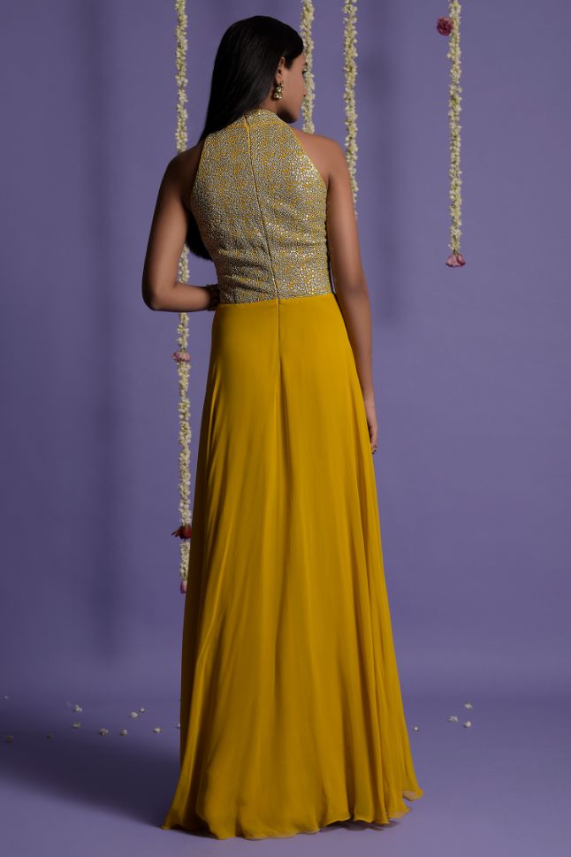 Two Sister's Silver Sequin Yellow Color Anarkali Gown - Rent