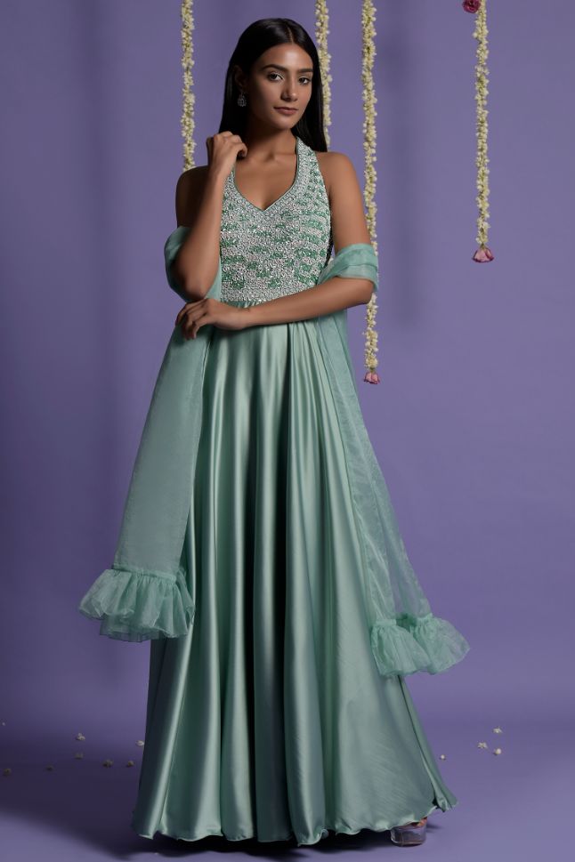 Two Sister's Sea Green Color Top Embroidered Satin Silk Gown - Rent