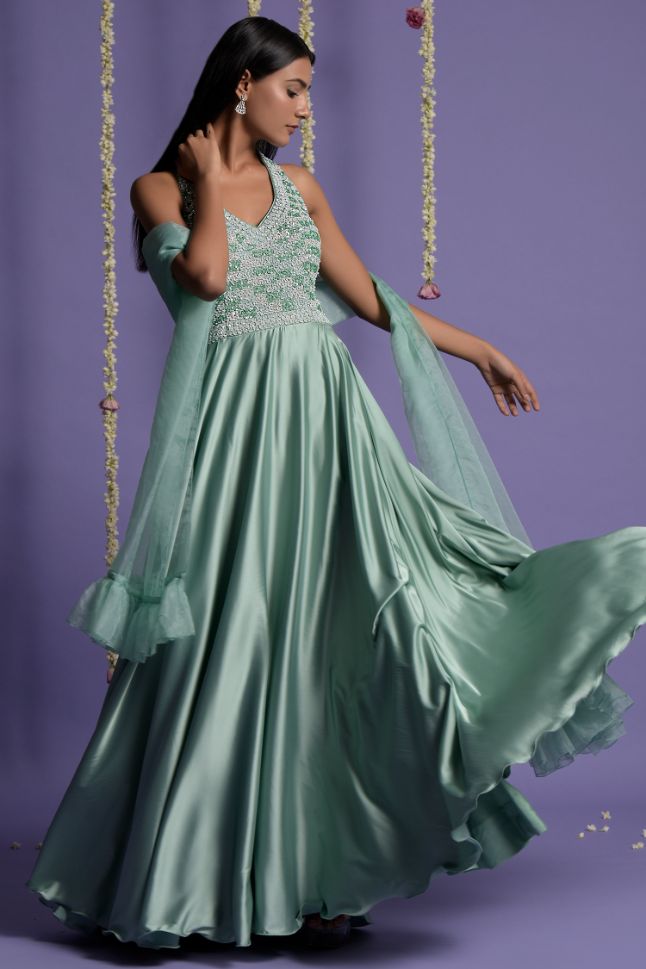 Two Sister's Sea Green Color Top Embroidered Satin Silk Gowns - Rent