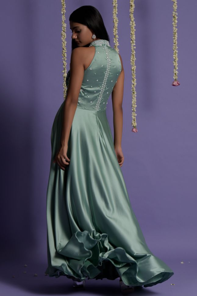 Two Sister's Sea Green Color Top Embroidered Satin Silk Gown - Rent