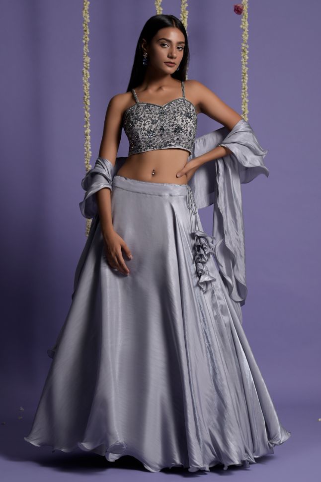 Two Sister's Ash Grey Satin Lehenga With Embroidered Crop Top - Rent