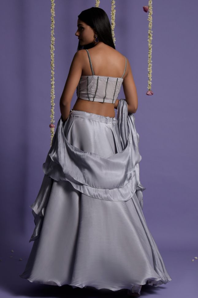 Two Sister's Ash Grey Satin Lehenga With Embroidered Crop Top - Rent