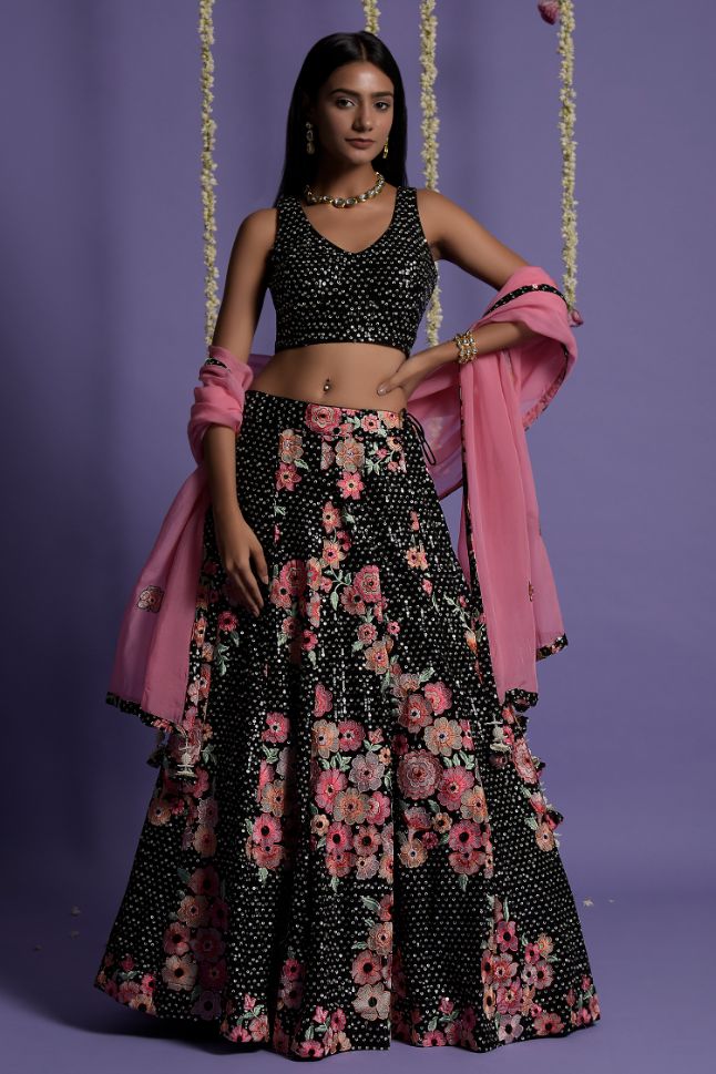 Two Sister's Pink Flower Embroidered Black Lehenga With Sequin Embellished Top - Buy